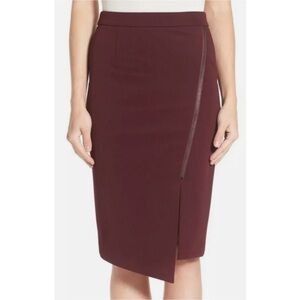 Halogen Asymmetric Hem Zipper Pencil Skirt Preppy Moto Contemporary Burgundy 8